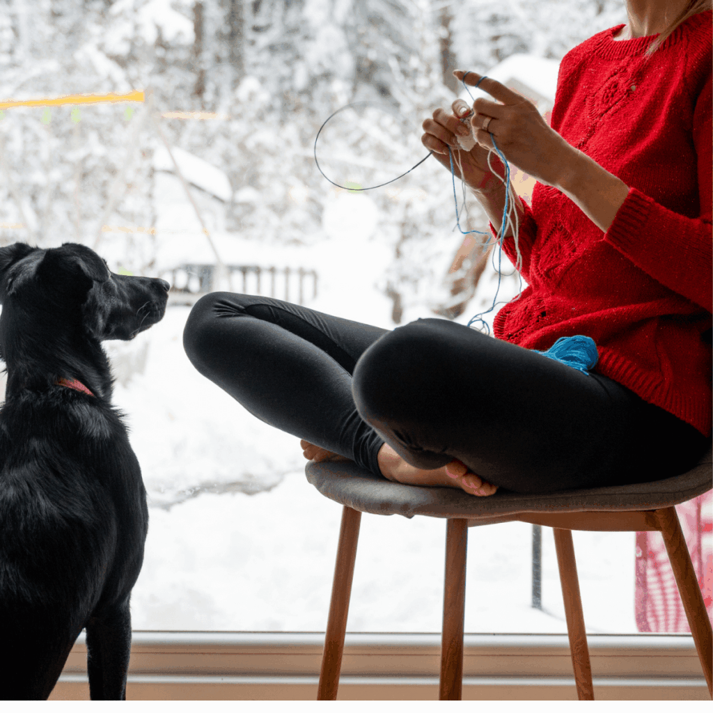 A woman sitting on a chair knitting. A black dog is in front of her and snow can be seen falling in the window behind her.