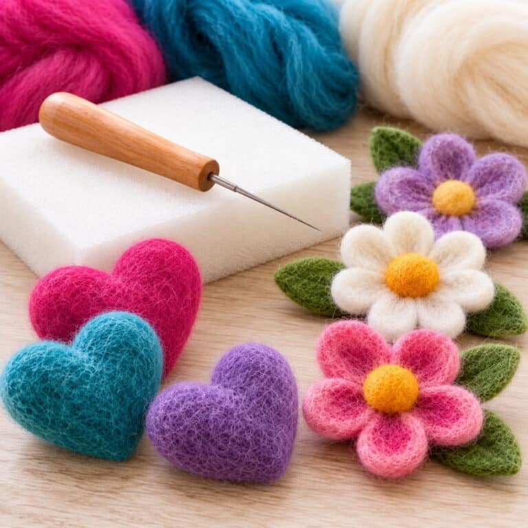 Felting for Beginners. Needle felting tools, wool roving in pink, blue, and white, and finished felted hearts and flowers on a wooden surface.