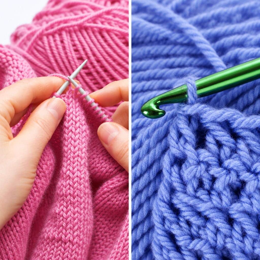 A split image showing a person knitting with pink yarn on the left and a person crocheting with blue yarn on the right.