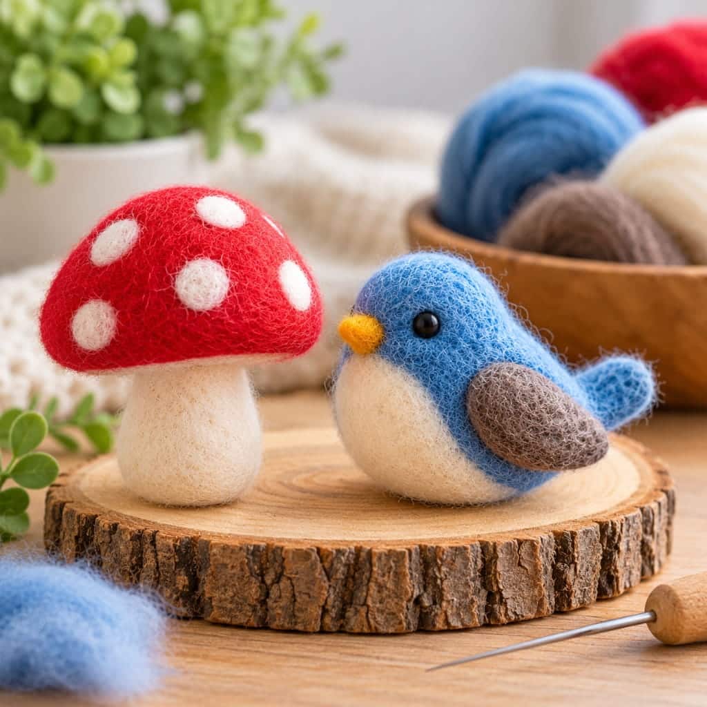 Needle Felting Projects for Beginners. A needle-felted red mushroom with white spots and a blue bird sitting on a round wooden slice.