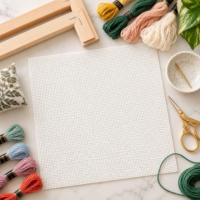 Needlepoint for beginners supplies. A blank square of white needlepoint canvas surrounded by embroidery floss, gold scissors, a needle minder, and a wooden frame.