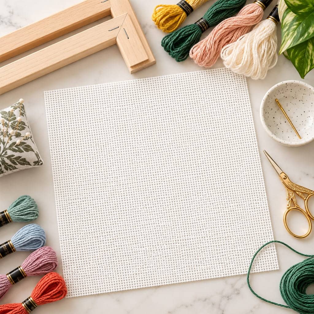 Needlepoint for beginners supplies. A blank square of white needlepoint canvas surrounded by embroidery floss, gold scissors, a needle minder, and a wooden frame.