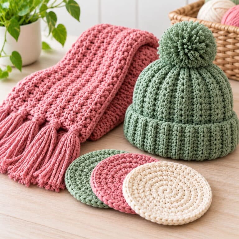 Crochet projects for beginners. A ribbed green beanie with a pom-pom, a matching pink tasseled scarf, and three circular crocheted coasters sitting on a wooden table.