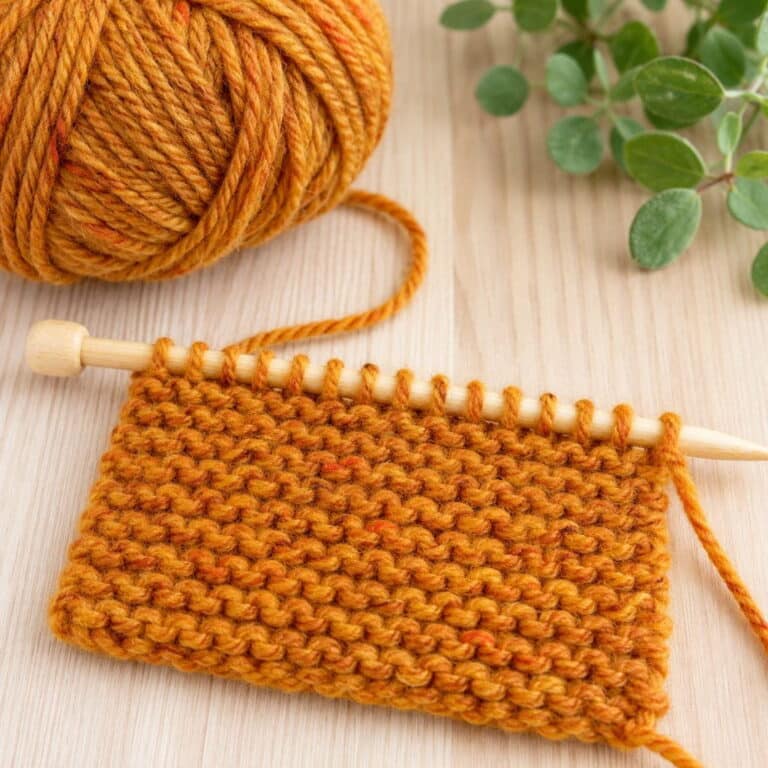 How to Start Knitting for Beginners. A wooden knitting needle holding a piece of orange garter stitch fabric, with a matching ball of yarn nearby.