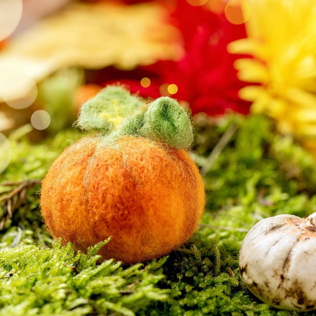 A needle-felted orange pumpkin with green leaves sitting on a bed of green moss, with a smaller white pumpkin nearby.