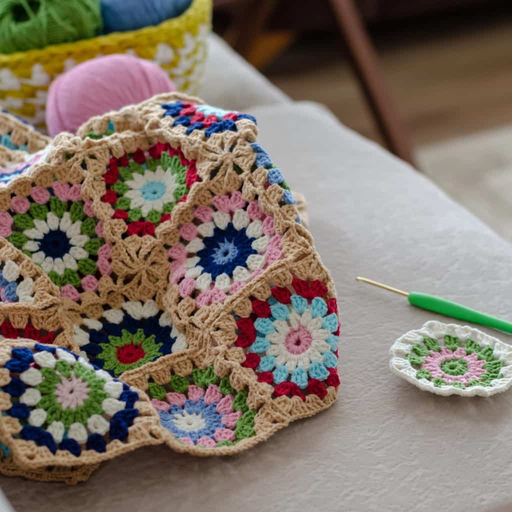 A partially completed crochet blanket made of colorful granny squares, with a green crochet hook and an individual granny square resting on a couch.