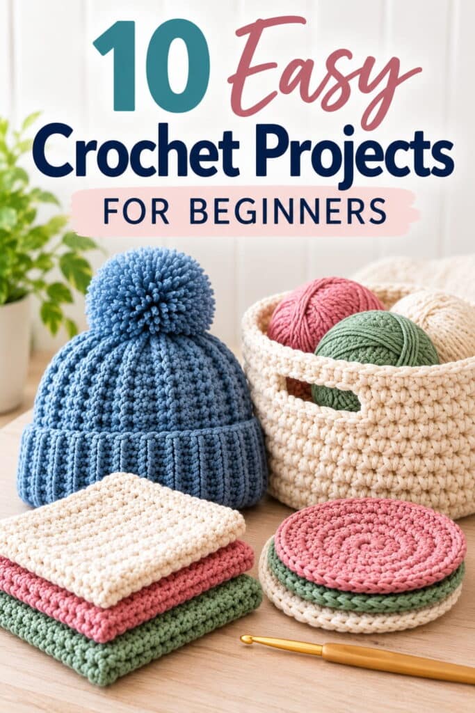 Text overlay reads 10 Easy Crochet Projects for Beginners above a blue pom-pom hat, a basket of yarn balls, a stack of square coasters, and round coasters with a crochet hook.