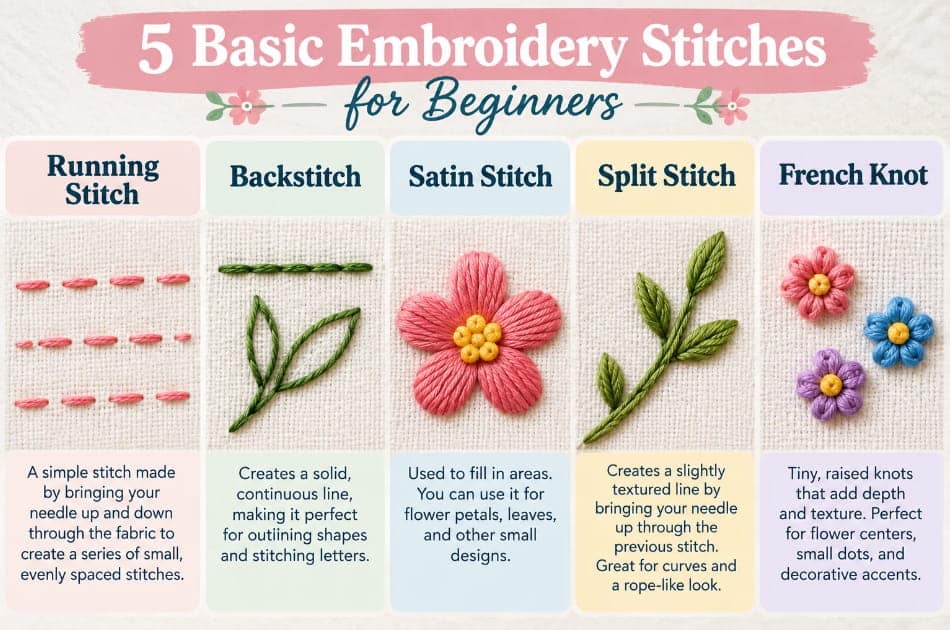 Infographic titled 5 Basic Embroidery Stitches for Beginners, illustrating and describing the running stitch, backstitch, satin stitch, split stitch, and French knot.