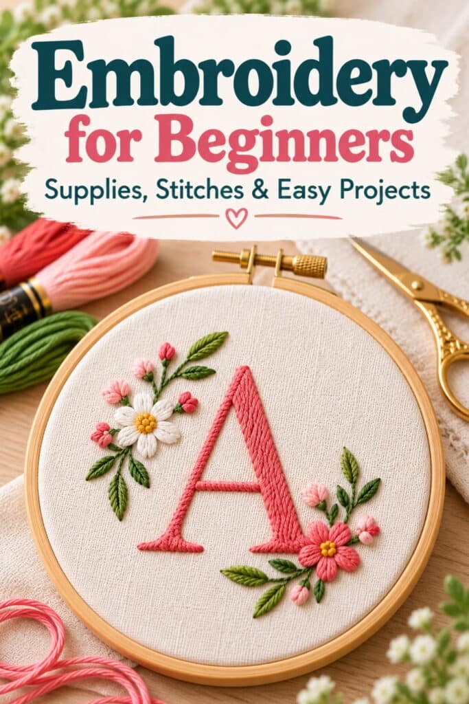 Embroidery hoop containing fabric with an embroidered letter A surrounded by floral sprigs, with embroidery floss and gold scissors nearby; text overlay reads Embroidery for Beginners: Supplies, Stitches & Easy Projects.