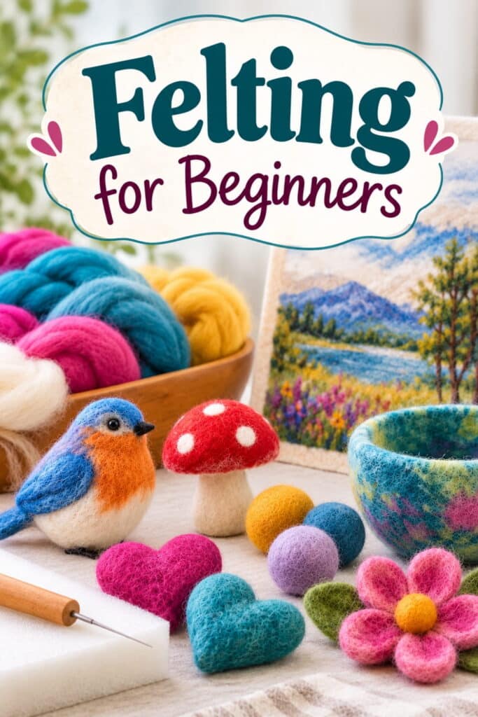 A collection of needle-felted items including a blue bird, mushroom, hearts, and flowers, with a bowl of wool roving and a landscape scene in the background, titled Felting for Beginners.
