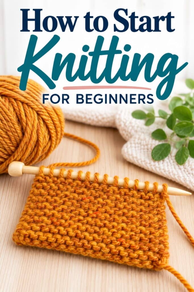 Text overlay on an image reads, How to Start Knitting FOR BEGINNERS, above a wooden knitting needle with a mustard-yellow knitted square attached to a matching ball of yarn.