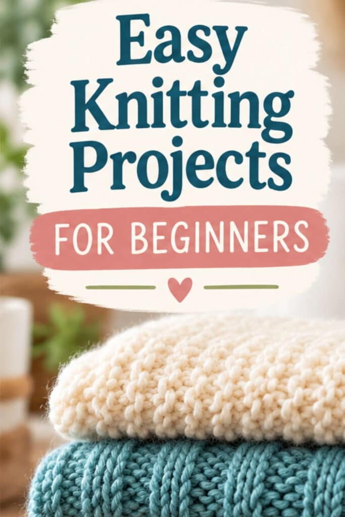 Text overlay reads Easy Knitting Projects FOR BEGINNERS above a stack of two cream and blue knitted swatches.