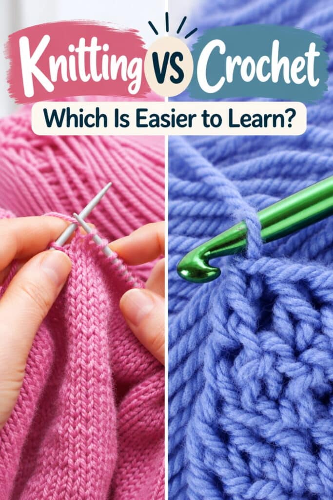 Graphic titled Knitting vs Crochet: Which Is Easier to Learn? showing hands knitting with pink yarn on the left and a crochet hook with blue yarn on the right.