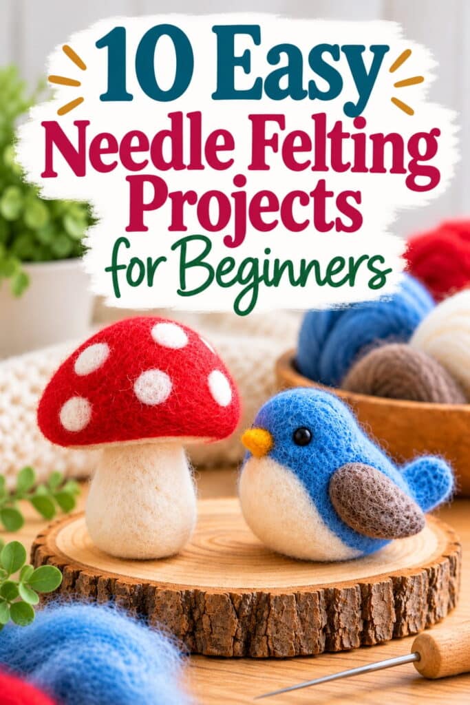 Text reading 10 Easy Needle Felting Projects for Beginners above a needle-felted red mushroom and a blue bird on a wood slice.