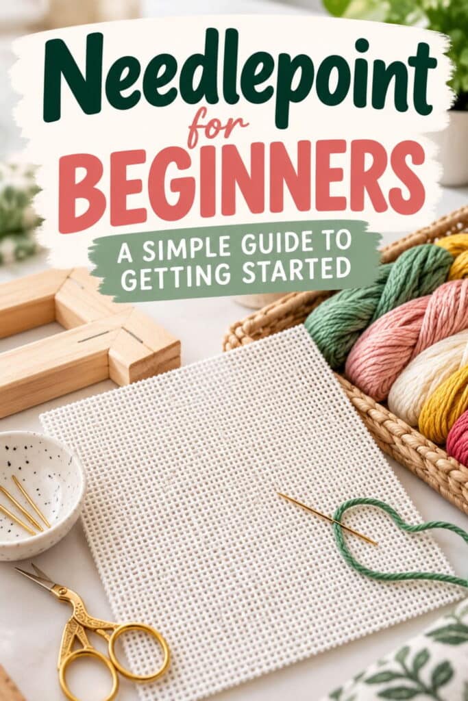 Text overlay reads Needlepoint for Beginners: A Simple Guide to Getting Started over a flat lay of needlepoint canvas, colorful yarn, wooden frame, embroidery scissors, and a needle.
