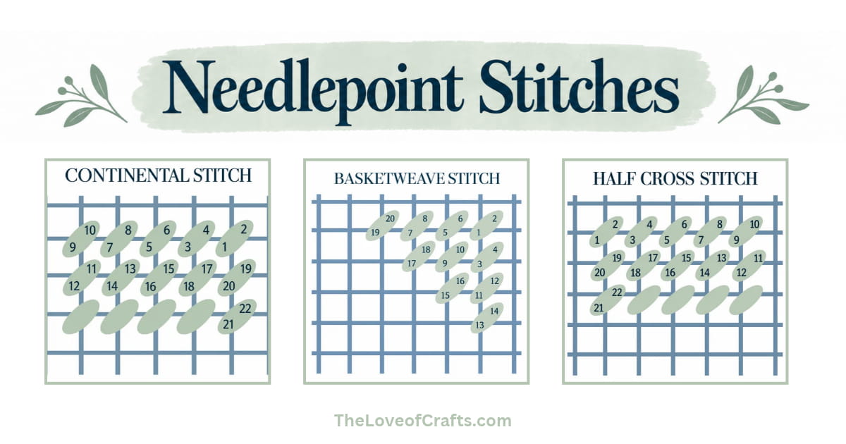 Diagram showing the numbered stitch patterns for Continental, Basketweave, and Half Cross needlepoint stitches on a grid.